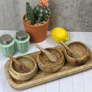 Mango Wood Tray with 3 Bowls & Spoons - Set of 7 - Rustic Vintage Style